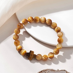 Золотистый Натуральный тигровый глаз круглые бусины растягивать браслеты, крестик для женщин, золотые, бусины : 8.5 мм, внутренний диаметр: 1.79 дюйм (4.55 см)