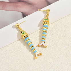 Синий Серьги-гвоздики с эмалью из латуни в форме рыб, золотые, синие, 54x11 мм