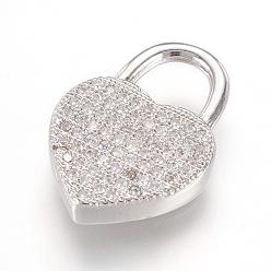 Платинированный Латунные микро проложить кубического циркония подвески, Реальная платина, замок на сердце, 20x14x3.5 мм, отверстие : 6x6.5 мм