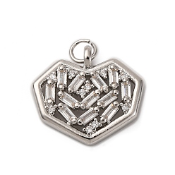 Платина Латунные микро проложить кубического циркония подвески, сердце, с целью перехода в кольце, долговечный, без кадмия и без свинца, стойки покрытие, платина, 18x20x3 мм, отверстие : 3 мм