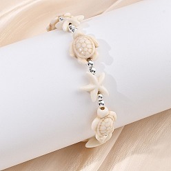 Белый Навахо Регулируемые браслеты из окрашенной синтетической бирюзы и немагнитных синтетических гематитовых бусин, плетеные из бусин, для женщин и мужчин., морская черепаха и морская звезда, навахо белый, внутренний диаметр: 1.97~2.95 дюйм (5~7.5 см)