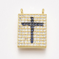 Marine Blue Brass Micro Pave Cubic Zirconia Pendants, Rectangle with Cross, Golden, Marine Blue, 16x11x2mm, Hole: 1mm