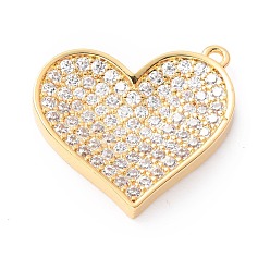 Golden Brass Micro Pave Clear Cubic Zirconia Pendants, Long-Lasting Plated, Heart, Golden, 19x21x3mm, Hole: 1mm