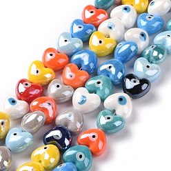 Mixed Color Handmade Porcelain Beads Strands, Hand Painted Ceramic Beads, Pearlized, Heart with Evil Eye, Mixed Color, 16.5x14x10mm, Hole: 1.8mm, about 23pcs/strand, 11.81''(30cm)