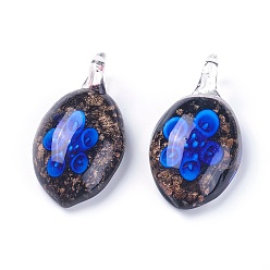 Royal Blue Handmade Lampwork Big Pendants, with Gold Sand, Leaf with Flower, Royal Blue, 40~50x24~28x11~14mm, Hole: 8mm