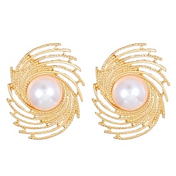 Golden Alloy Vortex Stud Earrings with Natural Pearl, Golden, 31x27mm