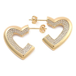 Golden Brass Pave Cubic Zirconia Stud Earrings, Heart, Golden, 23.5x3mm