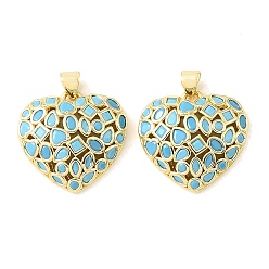 Plaqué 18K Or Véritable Pendentifs en laiton micro pavé de zircons cubiques bleu ciel, charmes de coeur, crémaillère plaquage, plaqué longue durée, sans cadmium et sans plomb, réel 18 k plaqué or, 21x22x6mm, Trou: 4.5x3.5mm
