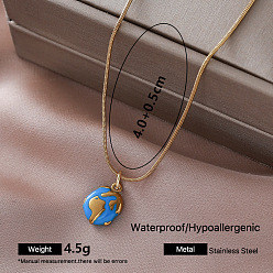 Deep Sky Blue Vintage 304 Stainless Steel Enamel Eearth Pendant Necklaces for Women, Golden, Deep Sky Blue, 15.75 inch(40cm)