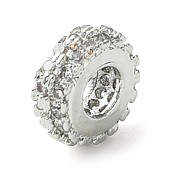 Платина Покрытие стойки латунные прозрачные бусины из кубического циркония, долговечный, без свинца и без кадмия, рондель, бусины с большим отверстием, платина, 6.5x2.5 мм, отверстие : 2.5 мм