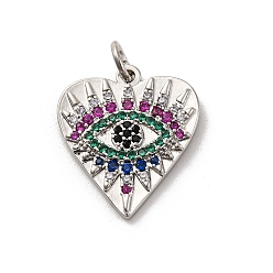 Разноцветный Латунные микро проложить кубического циркония подвески, долговечный, без свинца и без кадмия, платина, сердце с сглаза, красочный, 18x16x2 мм, отверстие : 3 мм