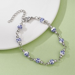 Платина Браслеты-цепочки с круглыми бусинами из фарфора и керамики с цветочным принтом для женщин, с 304 из нержавеющей стали Lobster Claw застежками, платина, 7-1/8 дюйм (18 см)