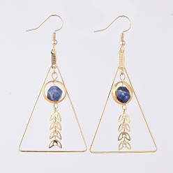 Sodalite Natural Sodalite Dangle Earrings, with Brass Real 18K Gold Plated Earring Hooks and Brass Findings, Triangle, 68mm, Pin: 0.7mm