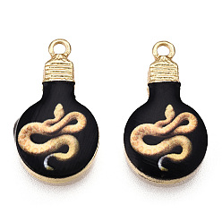 Snake Printed Alloy Enamel Pendants, Lead Free & Nickel Free & Cadmium Free, Light Gold, Light Bulb Charm, Snake Pattern, 22x12x2.5mm, Hole: 1.8mm