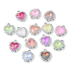 Platinum Alloy Pendants, with Rhinestone & Glass, Heart Charms, UV Plating, Mixed Color, Platinum, 17x15x5.5mm, Hole: 2mm