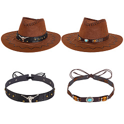 Mixed Color 2Pcs 2 Styles PU Leather & Polyester Hat Band, for Cowboy Hat, Bend Brim Fedora Hat, Straw Hat Decoration, Mixed Color, 1120~1170x20~33x7~8.5mm, 1pc/style