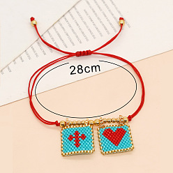 Темно-бирюзовый Богемные стеклянные браслеты с подвесками из бисера, плетеные браслеты из синтетического шнура для женщин, прямоугольник с крестом и сердцем, с 304 из нержавеющей стали бусы, темные бирюзовый, 11.02 дюйм (28 см)