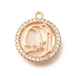 Настоящее золото 18K Подвески латунный корпус, без кадмия, без никеля и без свинца, с микро проложить кубического циркония, плоские круглые и женские подвески, реальный 18 k позолоченный, 16x14x3 мм, отверстие : 1.2 мм
