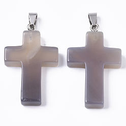 Серый агат Природные серые агаты подвески, со случайной защелкой из нержавеющей стали, крестик, 44~46x27~29x6~8 мм, отверстие : 4x8 мм