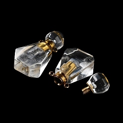 Cristal de Quartz Pendentifs de bouteille de parfum en cristal de quartz naturel, avec les accessoires en acier inoxydable de ton d'or, breloque diffuseur d'huiles essentielles, pour la fabrication de bijoux, 33~34.5x16.5x10.5~11.5mm, Trou: 2mm