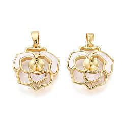 Морская Ракушка Подвески-булавки из латуни и ракушек с чашечками из жемчуга, цветок, за половину пробурено бисера, реальный 18 k позолоченный, цвет морской раковины, 18~19x16x4 мм, отверстие : 5x2~3 мм, штифты : 0.8 мм