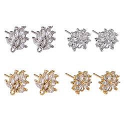 Mixed Color 4 Pairs 2 Style Brass Micro Pave Clear Cubic Zirconia Stud Earring Findings, with Loop, Flower, Golden & Platinum, 4pairs/Box