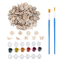 Couleur Mélangete Bricolage bijoux et artisanat, avec cabochons en bois, fleur & oiseau & papillon, pinceaux stylos et boîte de peinture, couleur mixte, cabochons: 200 pcs / set, stylos: 2 pièces / ensemble, palette: 2 pièces / ensemble