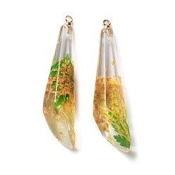 (932FM) Темно-синий аква-матовый с подкладкой Подвески из прозрачной смолы с сухоцветами, с латунной найти, темно-золотистые, 45x11.5x12.5 мм, отверстие : 1.8 мм