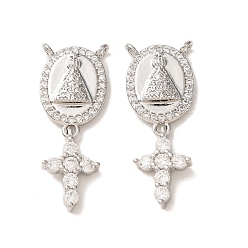Platinum Brass Micro Pave Clear Cubic Zirconia Pendants, Cross with Oval & Nossa Senhora Aparecida Charms, Platinum, 29x11x3mm, Hole: 1.4mm