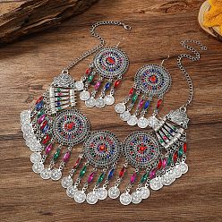 Разноцветный Комплекты из плоских круглых подвесок из сплава со стразами и серег-подвесок для женщин, античное серебро, красочный, 530 мм