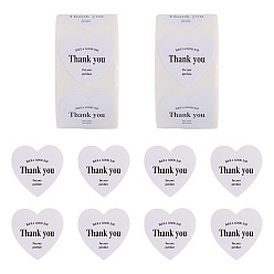 White 2Roll Heart with Thank You Roll Stickers, Self-Adhesive Paper Gift Tag Stickers, for Party Decorative Presents Thaksgiving Day, White, 25x25x0.1mm, 2roll/set