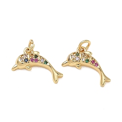 Dolphin Подвески из цветного кубического циркония с микропаве из латуни Ocean Brass, полированные подвески в виде морских животных, золотые, дельфин, 8x14x3 мм, отверстие : 2.5 мм