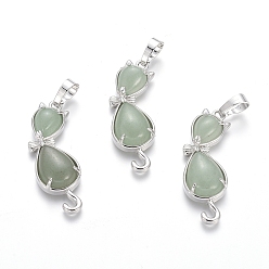 Зеленый Авантюрин Кулоны с котенком из авантюрина из натурального зеленого авантюрина, с латунной фурнитурой платинового цвета, кошка в форме банта, 35.5x12x6 мм, отверстие : 5x7 мм