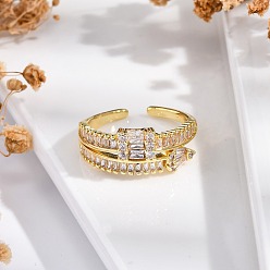 Настоящее золото 18K Кольца-манжеты для пальцев с покрытием из латуни с микропаве из прозрачного кубического циркония для женщин, долговечный, прямоугольные, реальный 18 k позолоченный, 8.5 мм, регулируемый