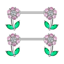 Цветок 304 штанги для сосков из нержавеющей стали с розовым кубическим цирконием, цвет нержавеющей стали, цветок, 14x16 мм