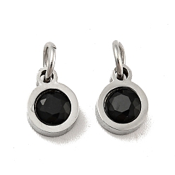 Black 304 Stainless Steel Pendants, with Cubic Zirconia and Jump Rings, Single Stone Charms, Flat Round, Stainless Steel Color, Black, 7.5x5.5x2.5mm, Hole: 3.6mm