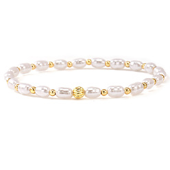 Белый Богемные пластиковые браслеты из жемчужных бусин на эластичной основе для женщин, круглые, с латунным, белые, 6.89 дюйм (17.5 см)