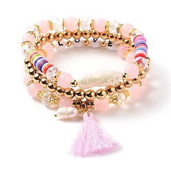 Pink Multi-layered Stretch Beaded Bracelets Sets, Stackable Bracelets, with Acrylic Beads, Natural Pearl Beads, Glass Beads, Non-magnetic Synthetic Hematite Beads, Polymer Clay Heishi Beads, CCB Plastic Beads and Cotton Tassels, Pink, Inner Diameter: 2-1/8 inch(5.5cm), 3pcs/set