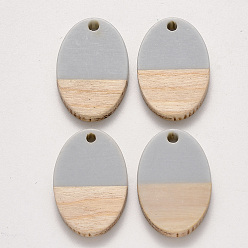 Light Grey Resin & Wood Pendants, Waxed, Oval, Light Grey, 23x15.5x3~4mm, Hole: 2mm