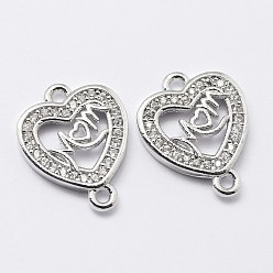Платина Тема дня матери, латунные микро проложить кубических ссылки циркония, прозрачные, сердце с мамой, без кадмия и без свинца, платина, 16.5x13x2.5 мм, отверстие : 1.5 мм
