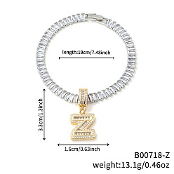 Letter Z Модные латунные браслеты с подвесками из прозрачных кубических цирконий с микропаве, теннисные браслеты со стразами для женщин, буквы, Письмо Z, 7-1/2 дюйм (19 см)