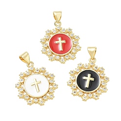 Mixed Color Religion Cross Brass Micro Pave Clear Cubic Zirconia Pendants, Flower Charms with Enamel, Lead Free & Cadmium Free, Long-Lasting Plated, Rack Plating, Real 18K Gold Plated, Mixed Color, 22x19x2mm, Hole: 5x3.5mm