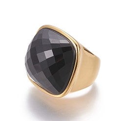 Black Ion Plating(IP) 304 Stainless Steel Finger Rings, with Faceted Glass, Black, Size 6~9, 16~19mm