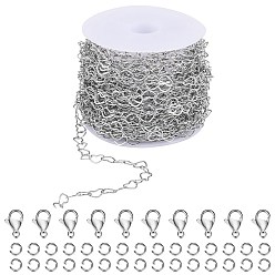 Edelstahl Farbe 10m 304 Edelstahl-Herzgliederketten, mit Spule, gelötet, mit 30Stk. Sprungringe, 10 Stück Karabinerhaken, Edelstahl Farbe, 4.5x6.5x0.3 mm