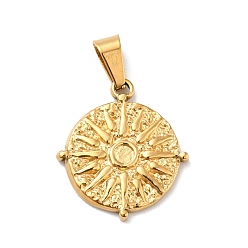 Золотой Вакуумное покрытие pvd 304 подвески из нержавеющей стали, с 201 защелкой из нержавеющей стали на поручнях, плоские круглые с солнцем, золотые, 22x19.5x2 мм, отверстие : 6.3x3 мм