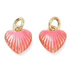 Pink Acumular colgantes de chapado de latón, con esmalte, encantos del corazón, sin plomo y cadmio, larga duración plateado, real 18 k chapado en oro, rosa, 10x9x4 mm, agujero: 3.5 mm