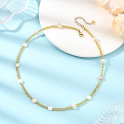 Gold Potato Natural Cultured Freshwater Pearl and Glass Seed Beads Beaded Necklaces, Golden, Gold, 16.54 inch(42cm)