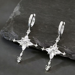 Platinum Brass & Cubic Zirconia Hoop Dangle Earrings, Cross with Star, Platinum, 39x19mm