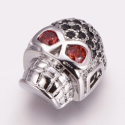 Платина Латунные микро проложить кубического циркония бусы, череп, платина, 13x10x7 мм, отверстие : 2.5 мм