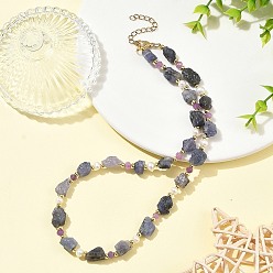 Golden Raw Rough Natural Tanzanite & Faceted Rondelle Dyed Purple Malaysia Jade & Pearl Beaded Necklaces for Women, Golden, 15.75 inch(40cm)